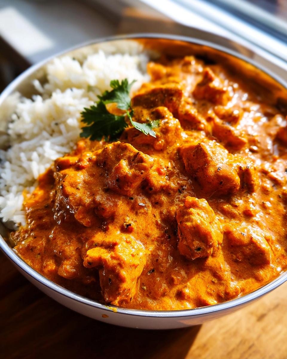 A close-up of a bowl of Quick & Easy Homemade Butter Chicken served with fluffy white rice and garnished with cilantro.