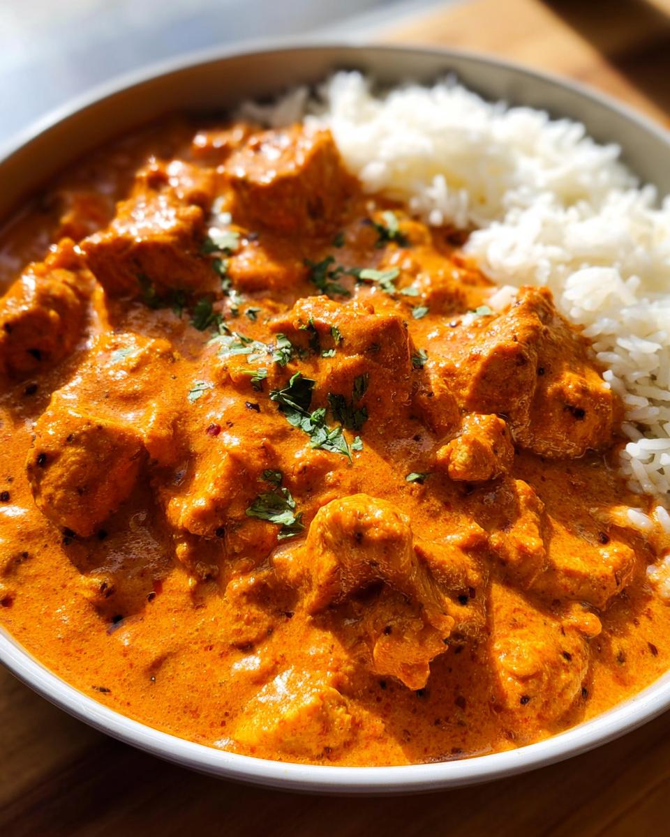 A close-up of a bowl of Quick & Easy Homemade Butter Chicken served with fluffy white rice and garnished with fresh cilantro.