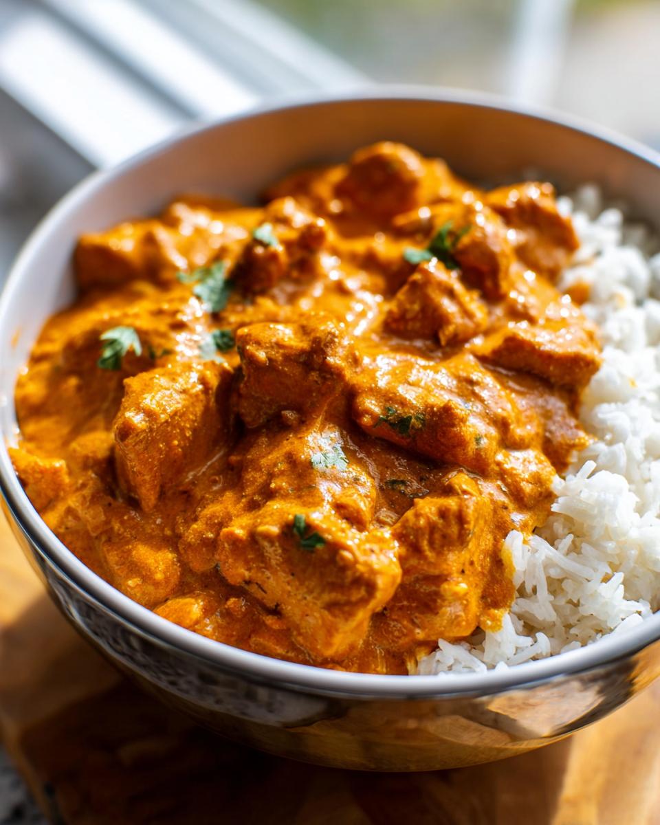 A bowl of Quick & Easy Homemade Butter Chicken served over fluffy white rice, garnished with fresh cilantro.