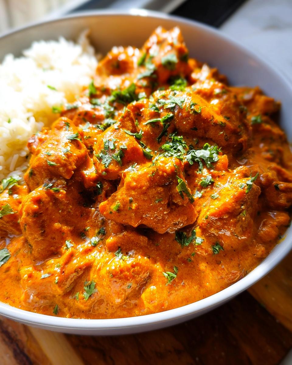 A bowl of Quick & Easy Homemade Butter Chicken served with fluffy white rice and garnished with fresh cilantro.