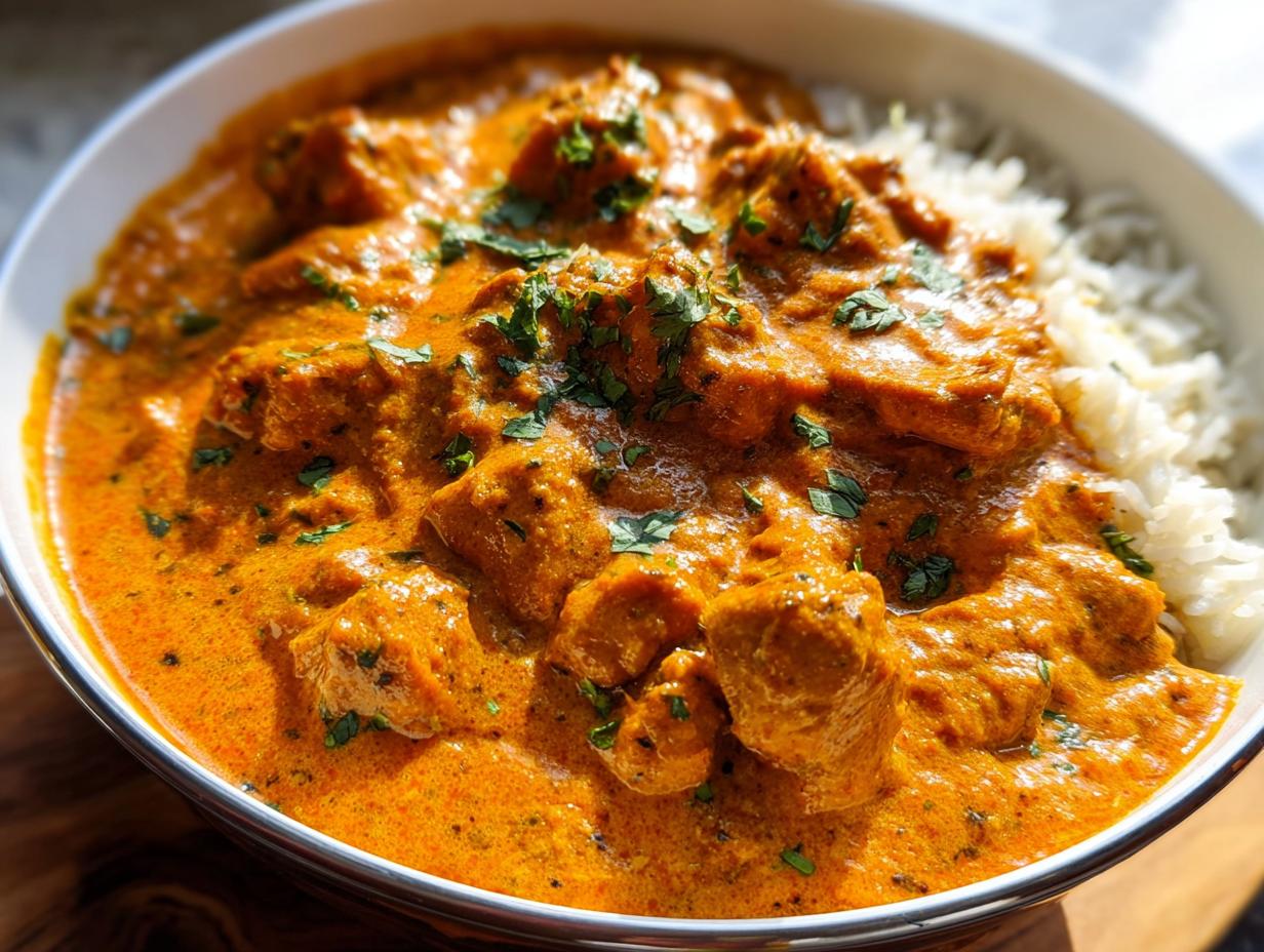 A close-up of a bowl of Quick & Easy Homemade Butter Chicken served over fluffy white rice, garnished with fresh cilantro.