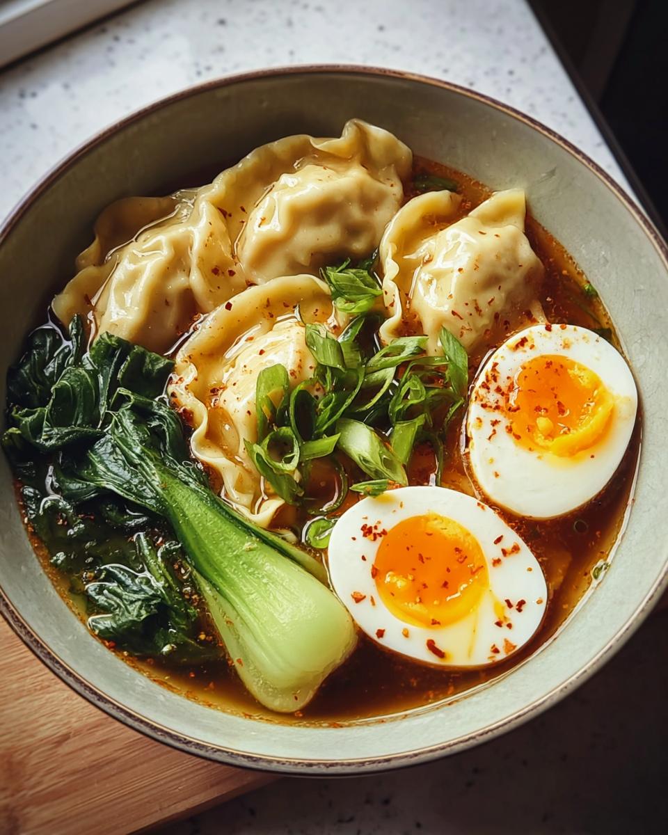 A close-up of a Savory Dumpling Ramen Bowl with soft-boiled eggs, bok choy, and green onions.