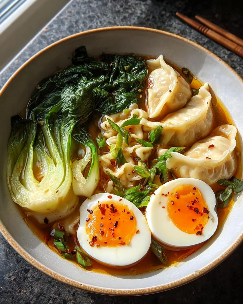 A close-up of a Savory Dumpling Ramen Bowl with soft-boiled eggs, bok choy, and noodles, topped with scallions and chili flakes.