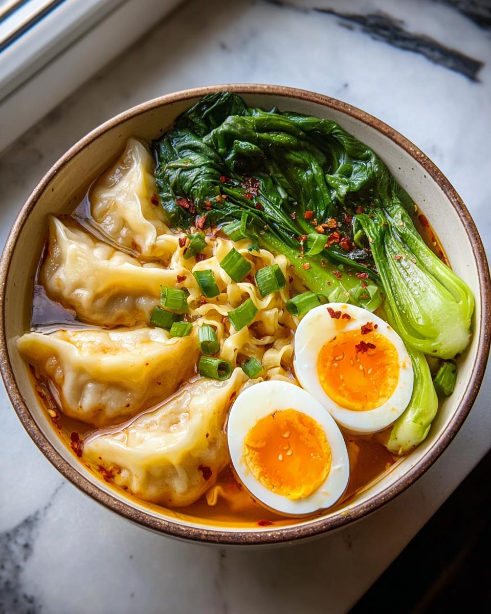 A close-up of a Savory Dumpling Ramen Bowl with soft-boiled eggs, bok choy, and green onions.