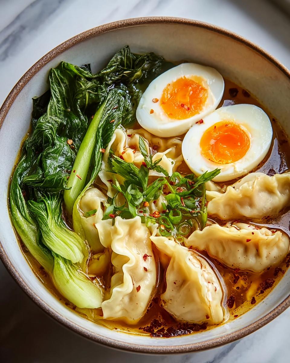 A close-up of a Savory Dumpling Ramen Bowl with Soft-Boiled Eggs, featuring dumplings, bok choy, and noodles in broth.
