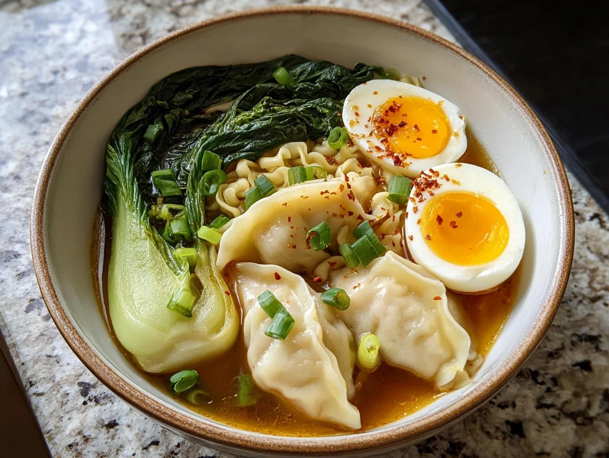 A delicious bowl of Savory Dumpling Ramen with soft-boiled eggs, bok choy, and green onions.