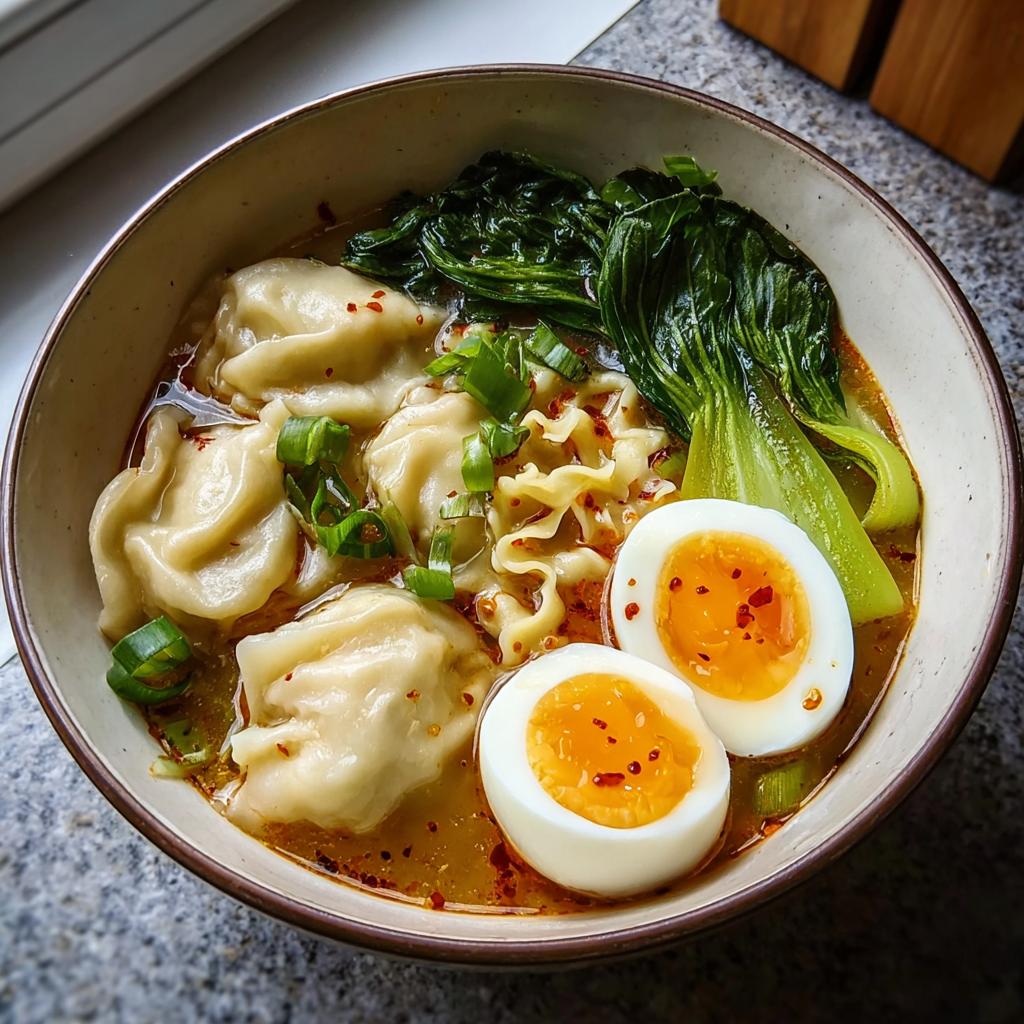 A delicious bowl of Savory Dumpling Ramen with soft-boiled eggs, bok choy, and chili flakes.