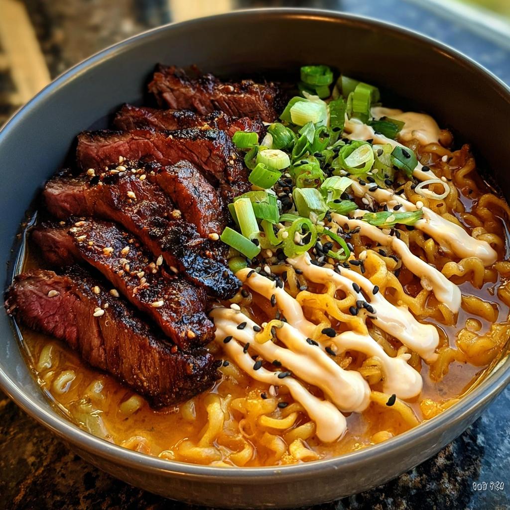 A bowl of Spicy Korean Ramen with Grilled Beef & Creamy Sauce, topped with sliced steak, scallions, and sesame seeds.