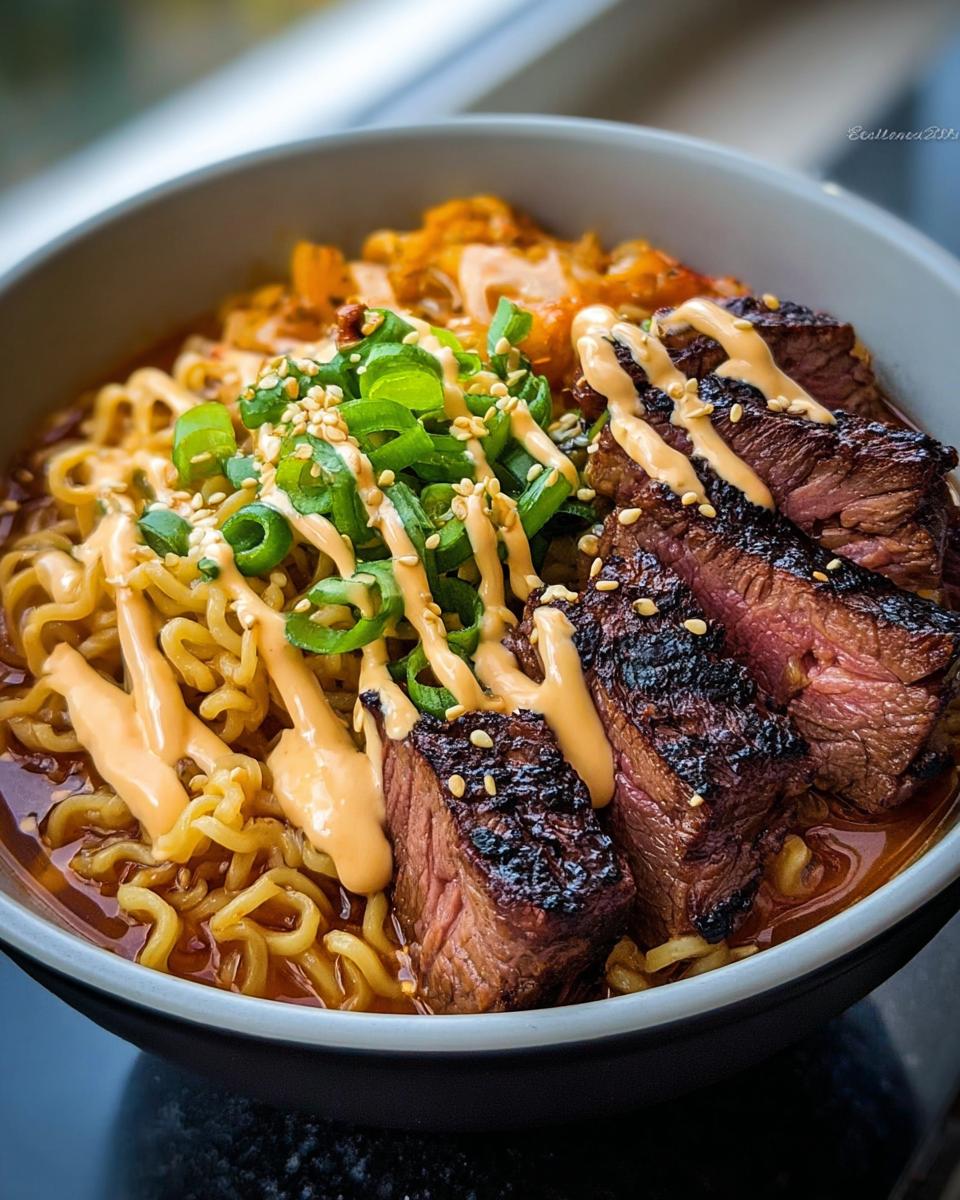 A bowl of Spicy Korean Ramen with Grilled Beef, topped with creamy sauce, green onions, and sesame seeds.