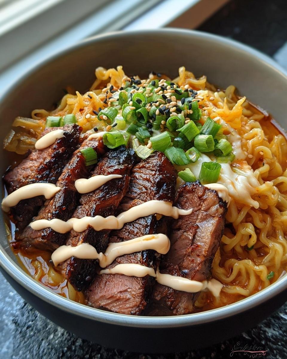 A bowl of Spicy Korean Ramen with Grilled Beef & Creamy Sauce, topped with green onions and sesame seeds.