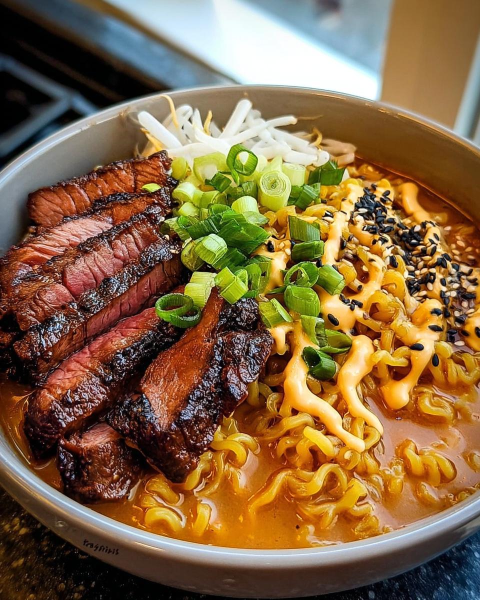 A bowl of Spicy Korean Ramen featuring sliced grilled beef, ramen noodles, creamy sauce, scallions, bean sprouts, and sesame seeds.