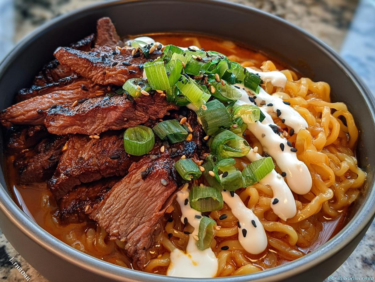 A bowl of Spicy Korean Ramen topped with grilled beef, creamy sauce, and green onions.