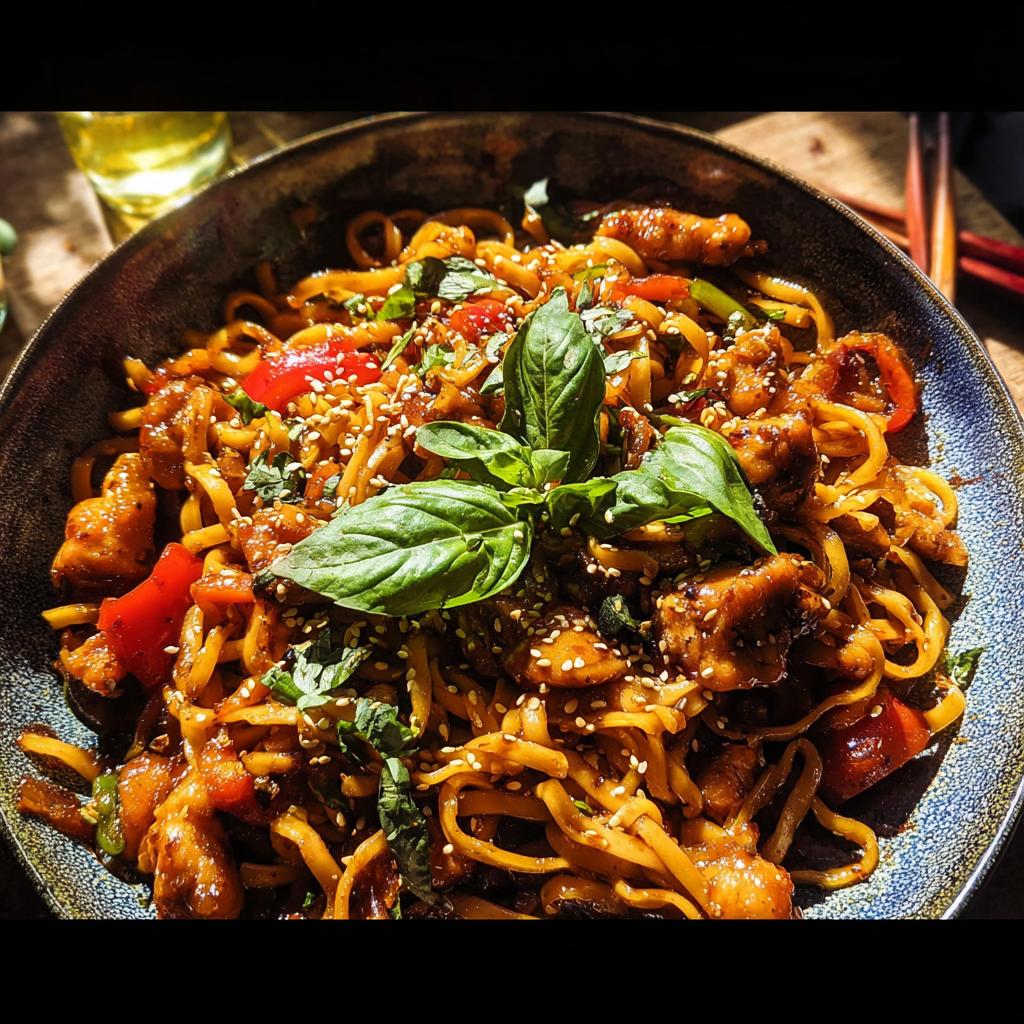 A close-up of a bowl filled with Sticky Garlic Chicken Noodles, garnished with fresh basil and sesame seeds.