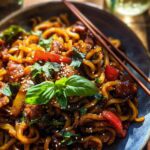 A close-up of a bowl filled with Sticky Garlic Chicken Noodles, garnished with fresh basil and sesame seeds.