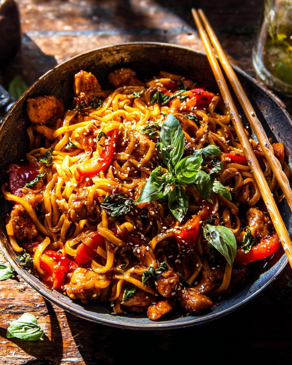 A close-up of Sticky Garlic Chicken Noodles in a bowl, garnished with fresh basil and sesame seeds.