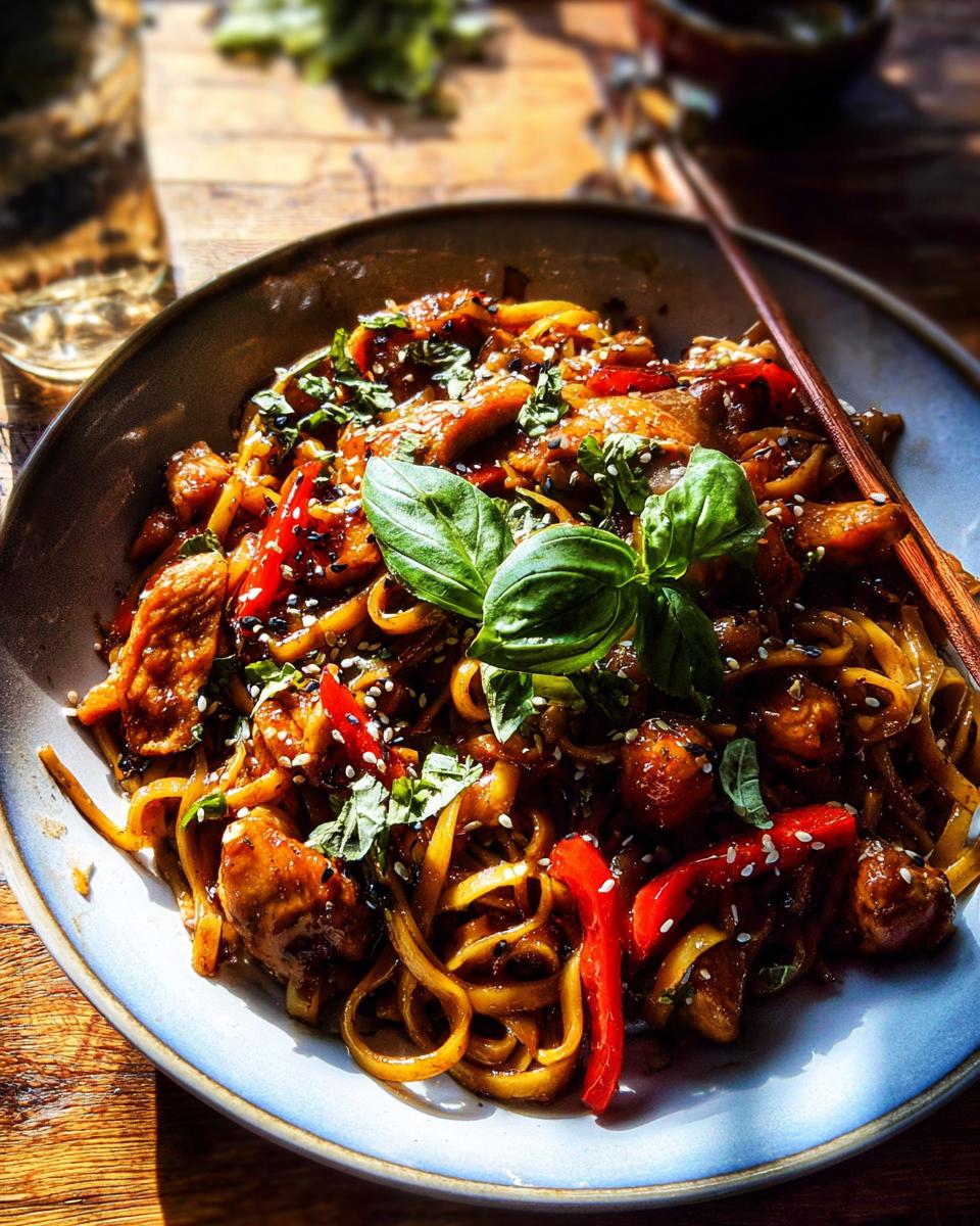 A close-up of Sticky Garlic Chicken Noodles, featuring tender chicken pieces, vibrant red bell peppers, and fresh basil, garnished with sesame seeds.