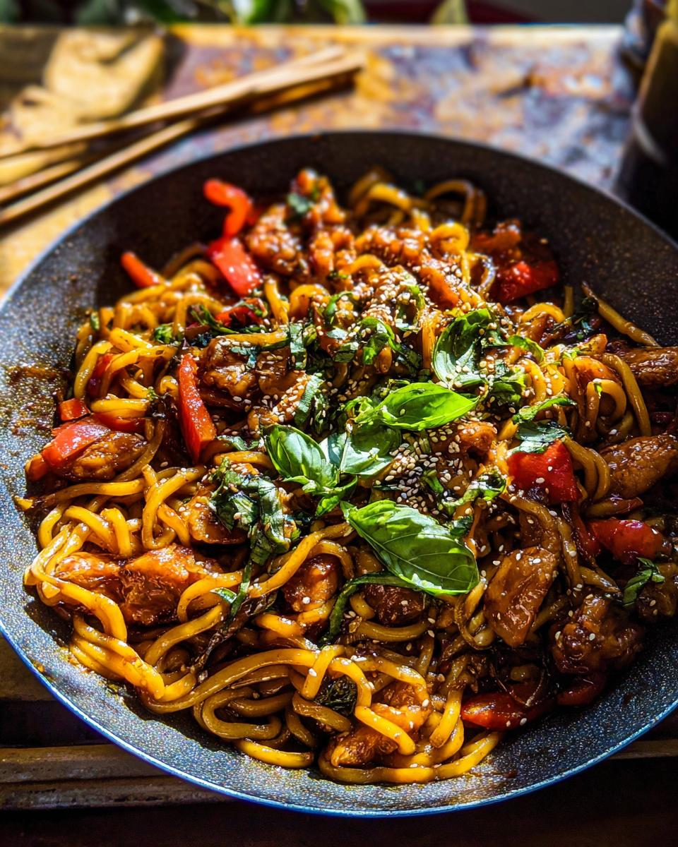 A close-up of Sticky Garlic Chicken Noodles in a bowl, garnished with fresh basil and sesame seeds.