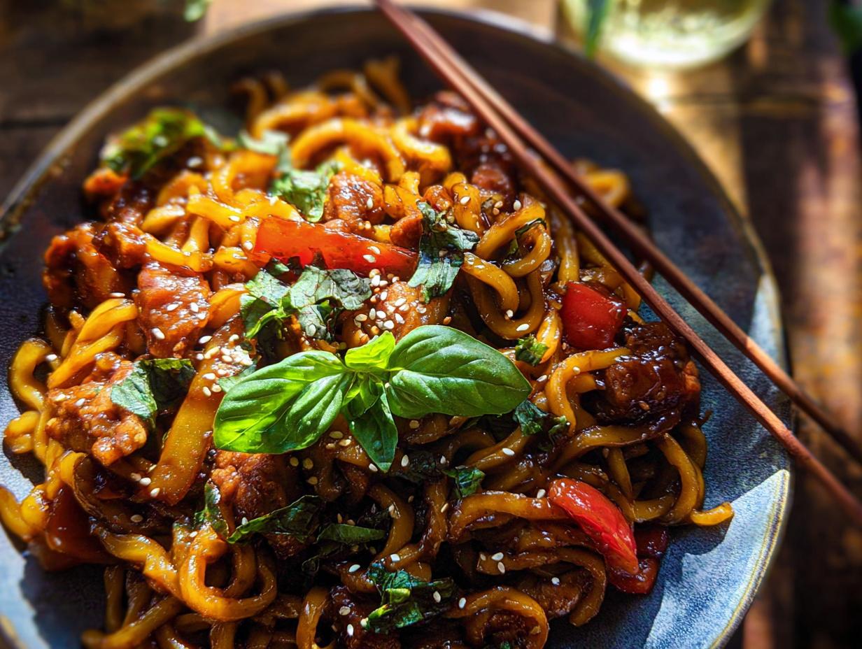 A close-up of a bowl filled with Sticky Garlic Chicken Noodles, garnished with fresh basil and sesame seeds.