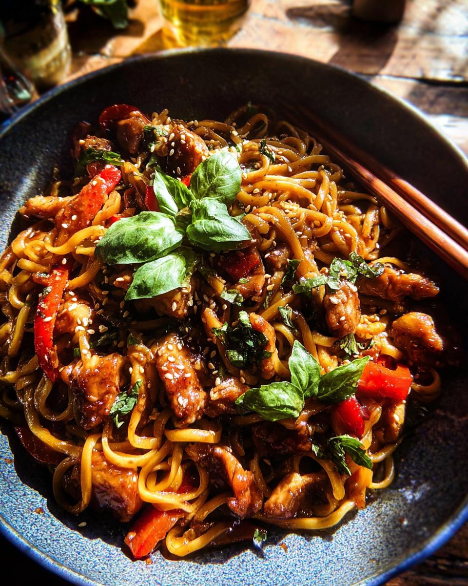 A close-up of a bowl of Sticky Garlic Chicken Noodles, garnished with fresh basil and sesame seeds.