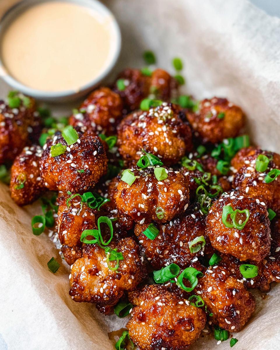 Close-up of Irresistible Sticky Honey Garlic Cauliflower bites, coated in a glossy sauce and sprinkled with sesame seeds and green onions.
