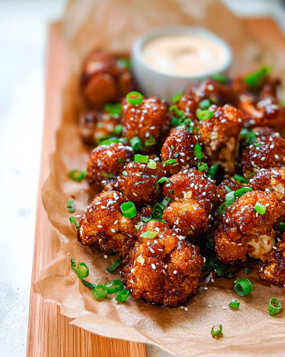 Close-up of Irresistible Sticky Honey Garlic Cauliflower Recipe bites, coated in glaze and sprinkled with sesame seeds and green onions.