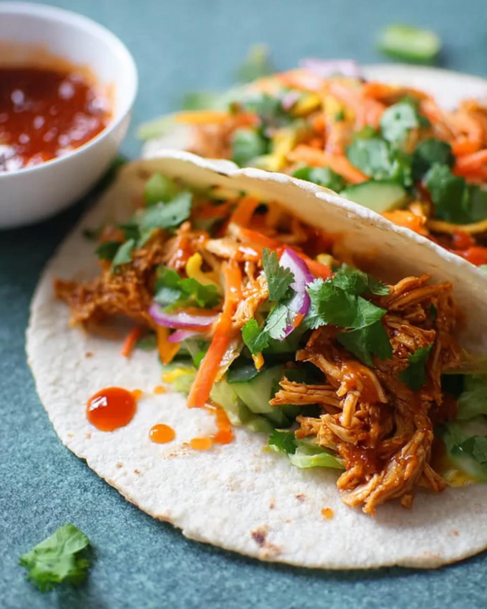 Close-up of a Sweet Chili Chicken Wrap filled with shredded chicken, fresh vegetables, and cilantro.