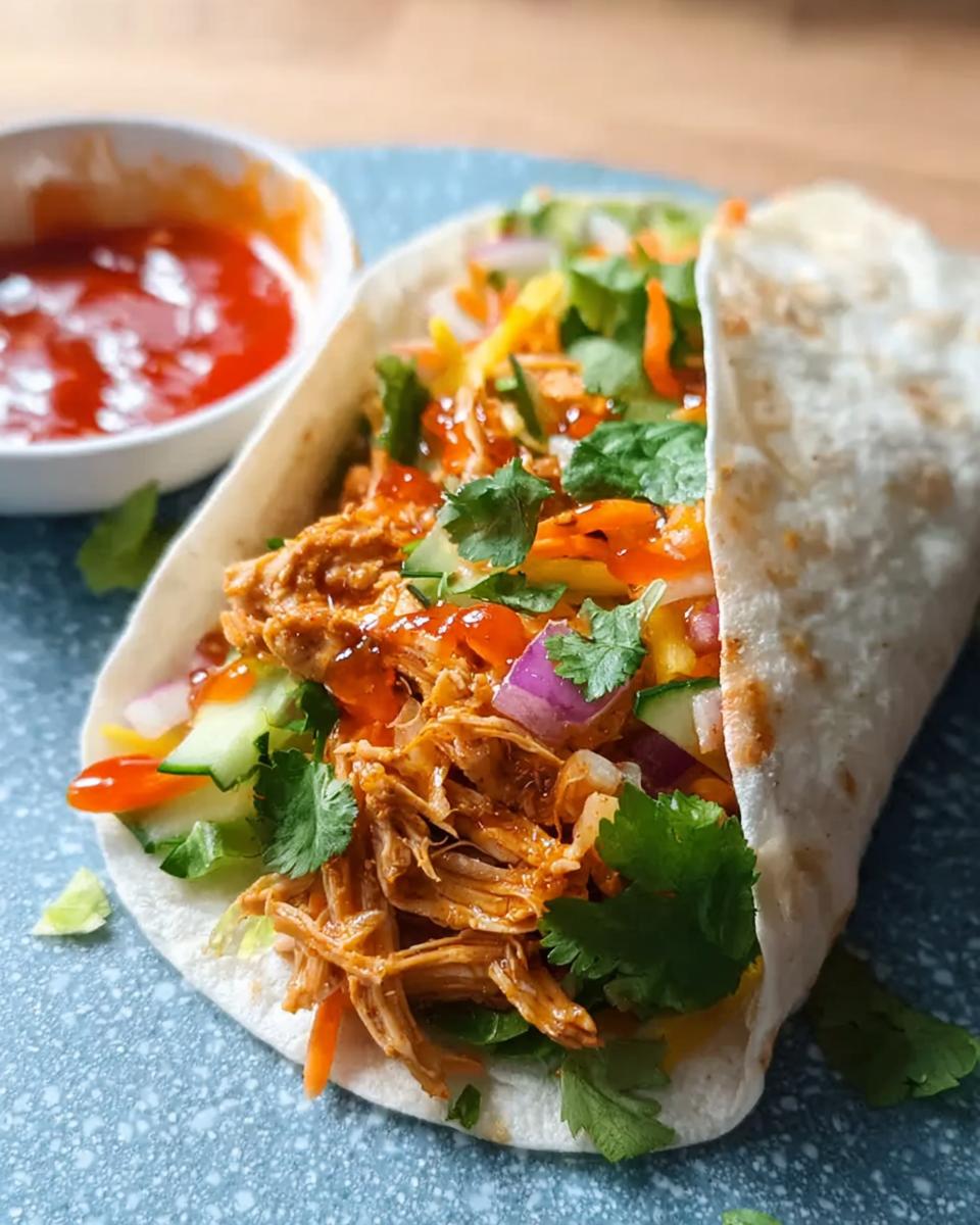 A close-up of a Sweet Chili Chicken Wrap filled with shredded chicken, fresh vegetables, and drizzled with sauce.