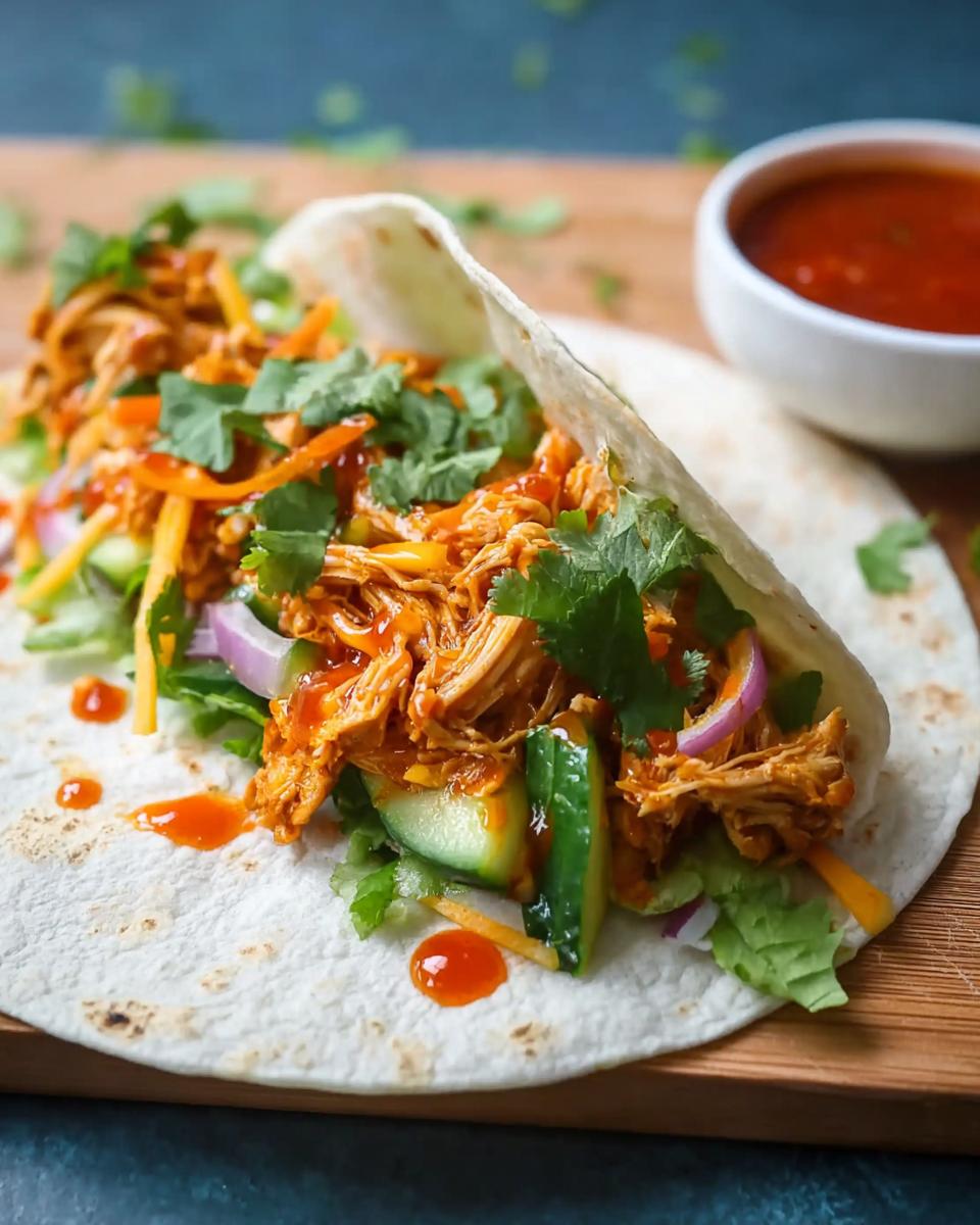 A close-up of a Sweet Chili Chicken Wrap filled with shredded chicken, lettuce, cucumber, red onion, and drizzled with sauce.