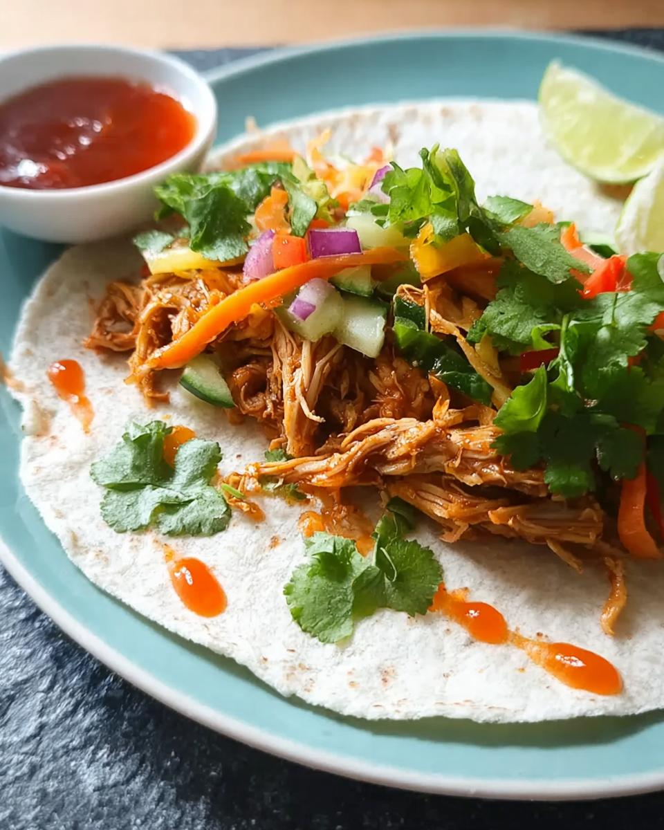 A close-up of a delicious Sweet Chili Chicken Wrap filled with shredded chicken, fresh vegetables, and cilantro, served with a side of chili sauce.