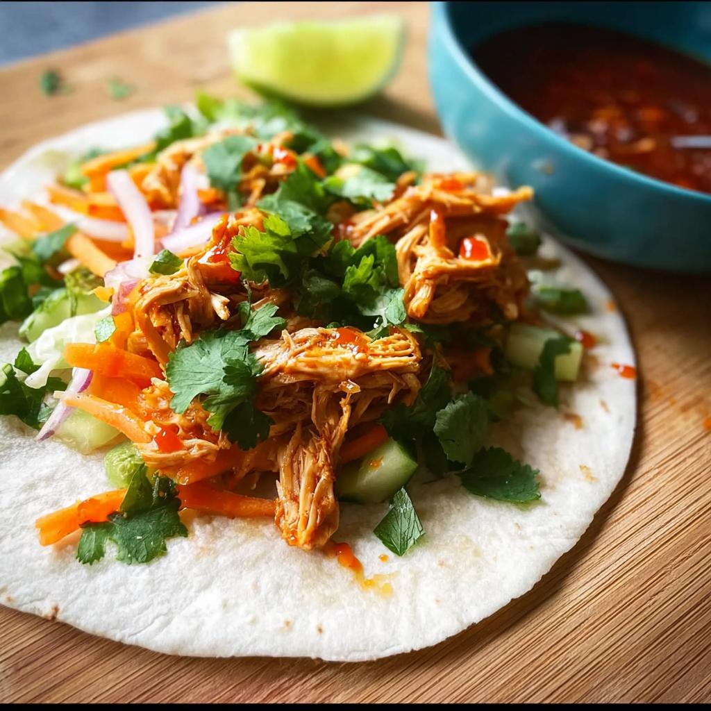 A close-up of a Sweet Chili Chicken Wrap filled with shredded chicken, shredded carrots, cucumber, red onion, and cilantro.