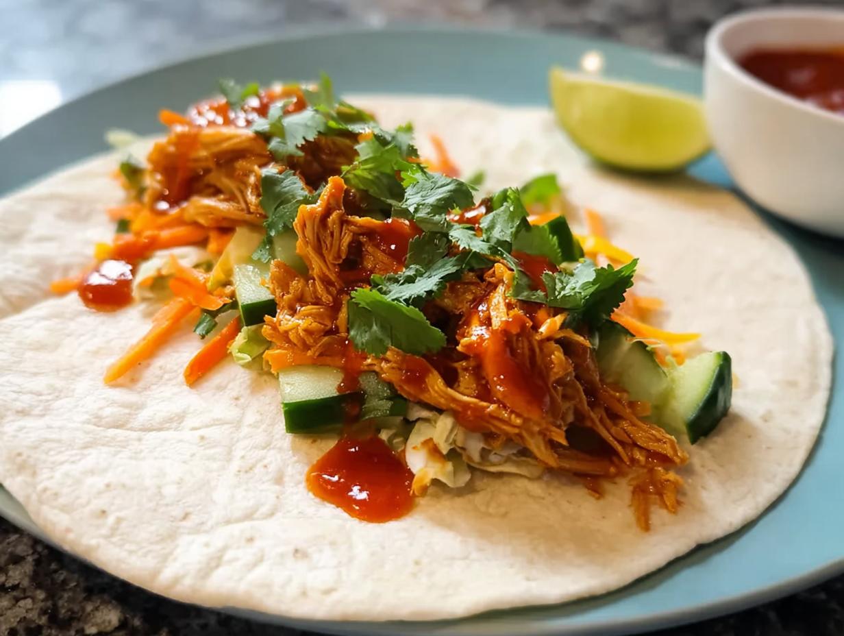 A close-up of a Sweet Chili Chicken Wrap filled with shredded chicken, cucumber, carrots, and cilantro, drizzled with sauce.