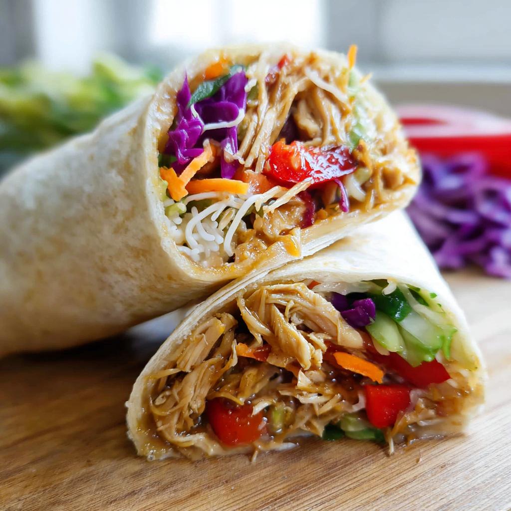 A close-up of a Teriyaki Chicken Wrap cut in half, revealing shredded chicken, colorful vegetables, and noodles.