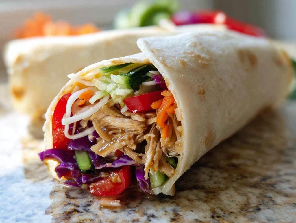 A close-up of a Teriyaki Chicken Wrap filled with shredded chicken, colorful vegetables, and sauce.