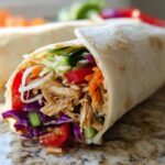 A close-up of a Teriyaki Chicken Wrap filled with shredded chicken, colorful vegetables, and sauce.