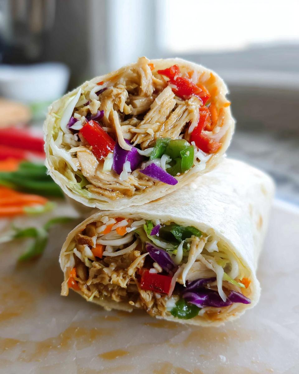 A halved Teriyaki Chicken Wrap filled with shredded chicken, colorful vegetables like cabbage, carrots, and bell peppers.