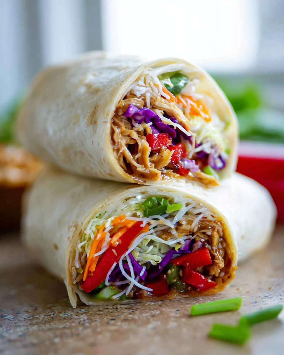 A close-up of two teriyaki chicken wraps filled with shredded chicken, colorful vegetables, and rice.