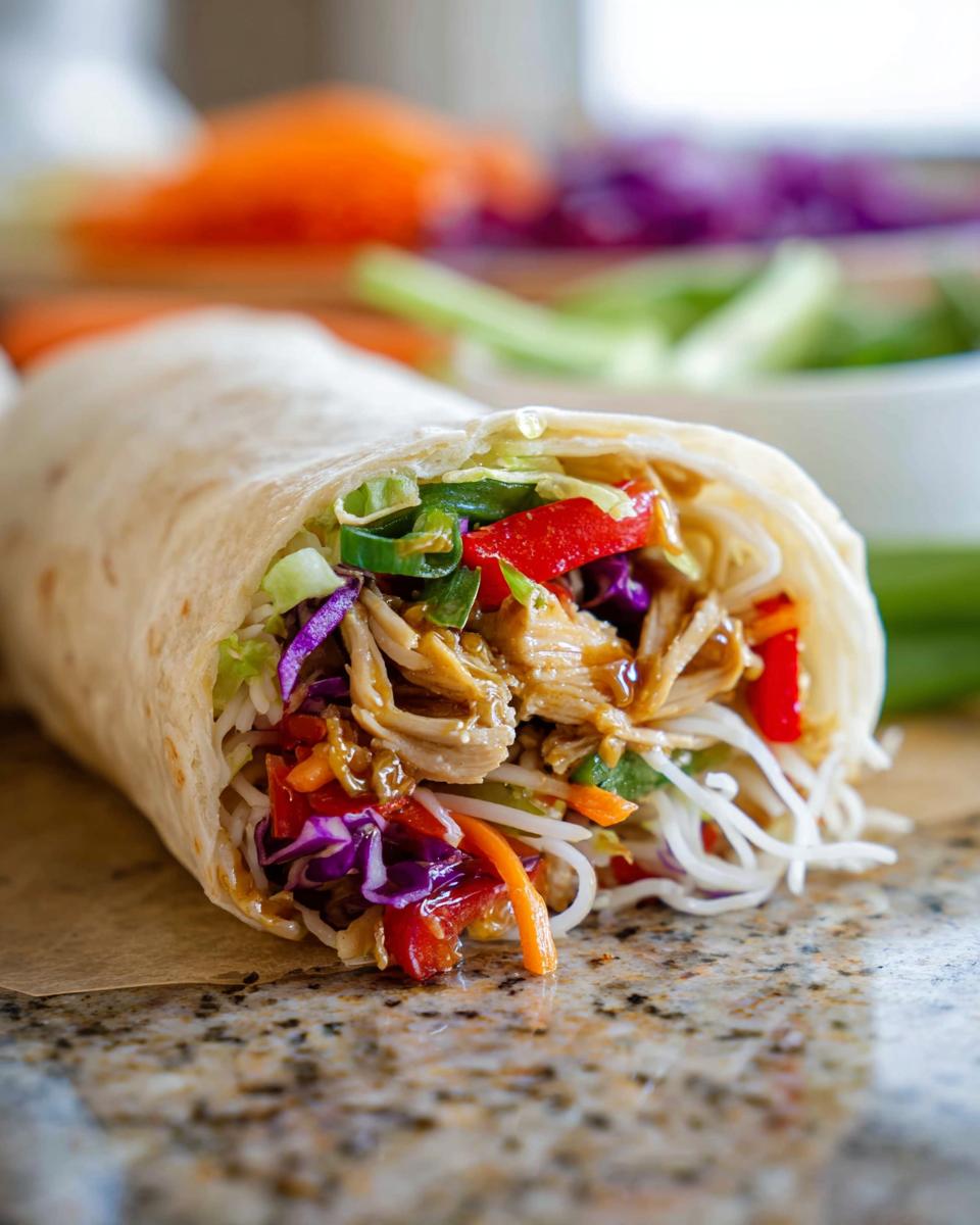 A close-up of a Teriyaki Chicken Wrap filled with shredded chicken, colorful vegetables, and noodles.