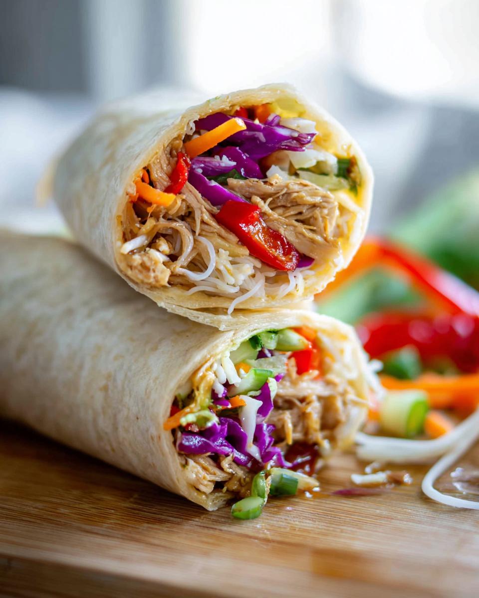 Two teriyaki chicken wraps filled with shredded chicken, rice noodles, red cabbage, carrots, and peppers.
