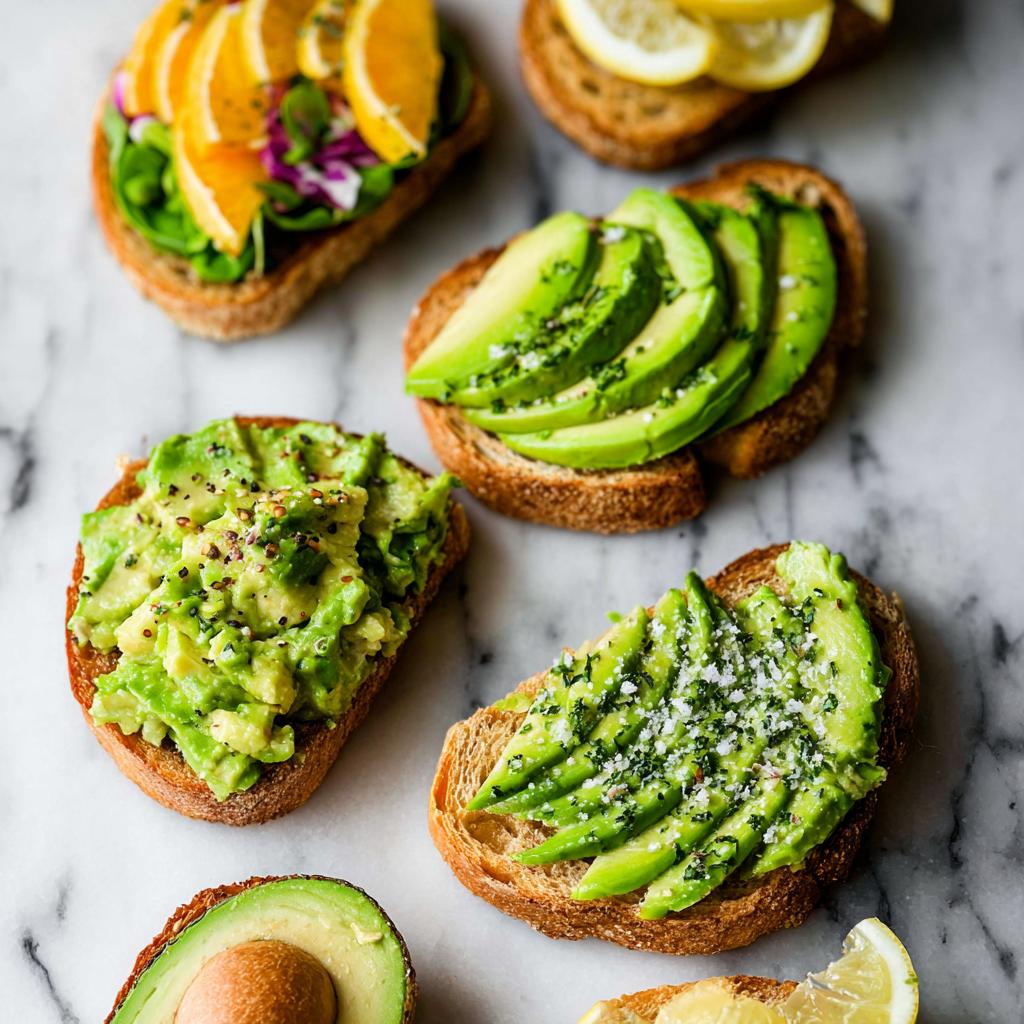 A variety of delicious avocado toast recipes, including sliced avocado, mashed avocado, and avocado with citrus.