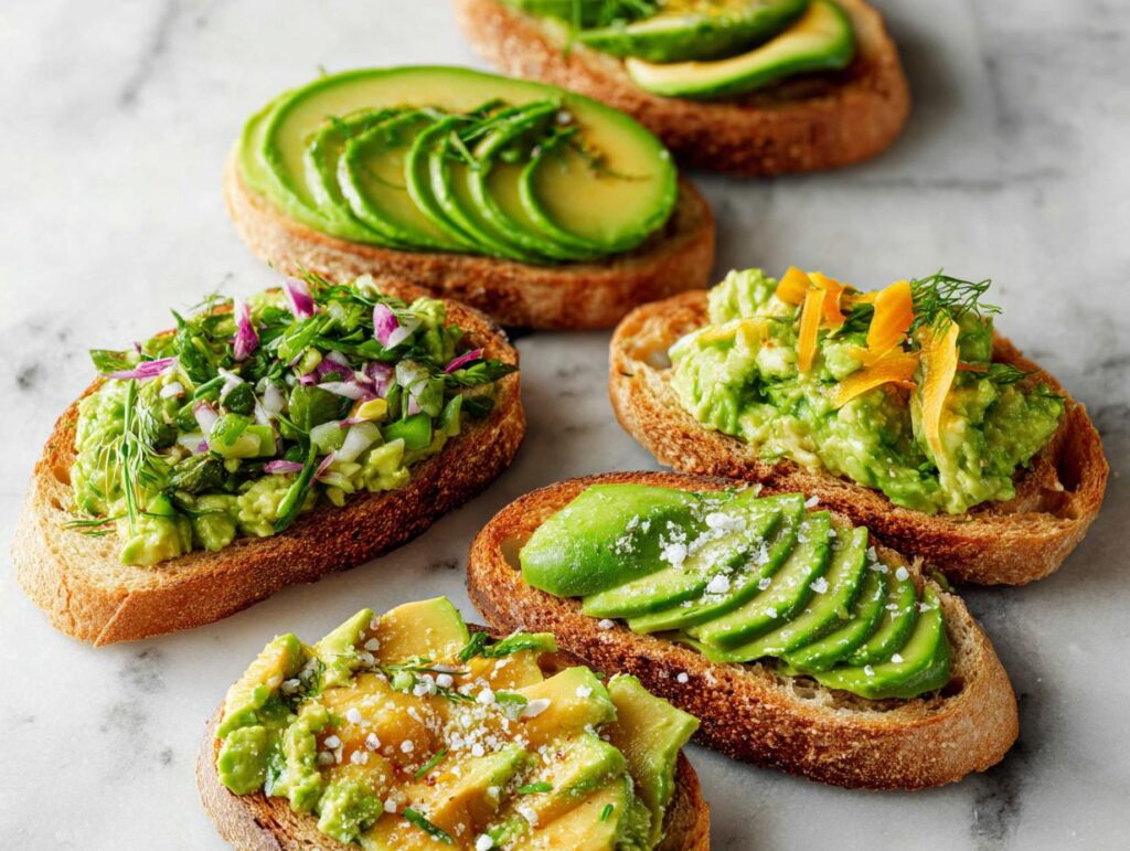 A variety of delicious avocado toast toppings on toasted bread, including sliced avocado, mashed avocado with herbs, and avocado with citrus zest.