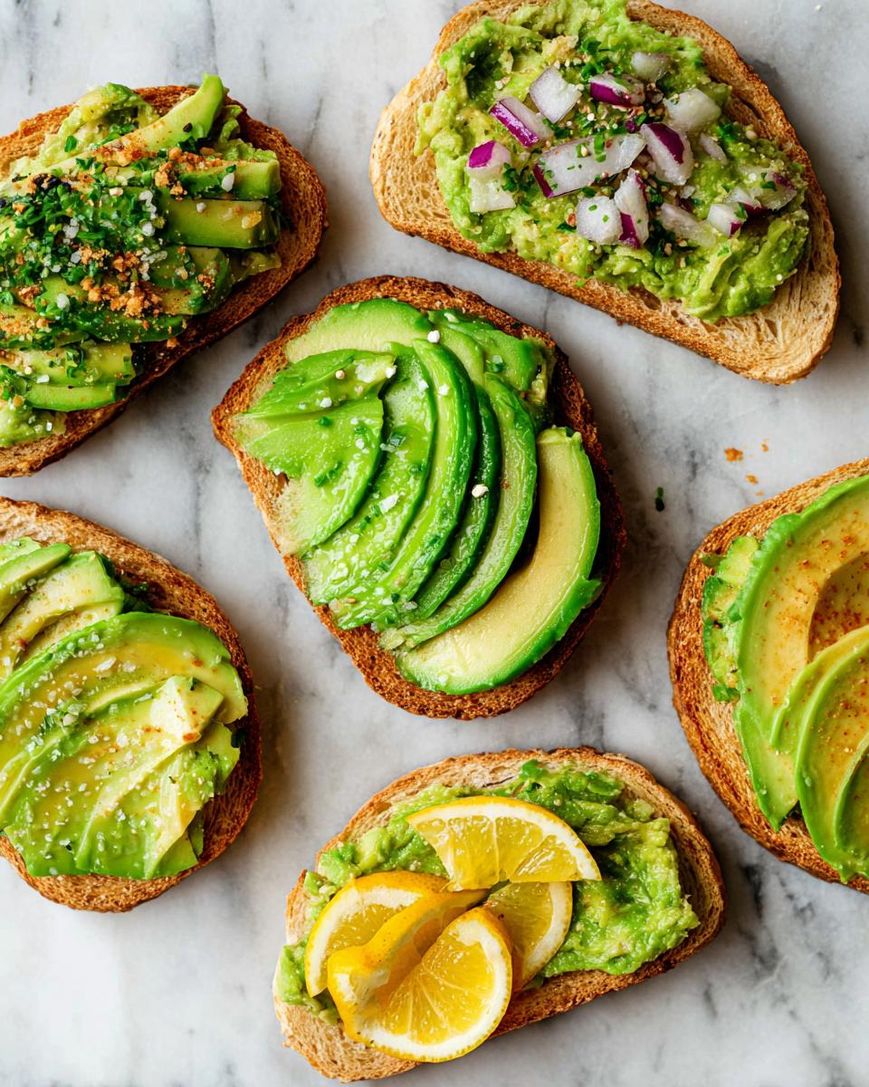 A variety of avocado toast recipes, including sliced avocado, mashed avocado with red onion, and avocado toast with lemon slices.