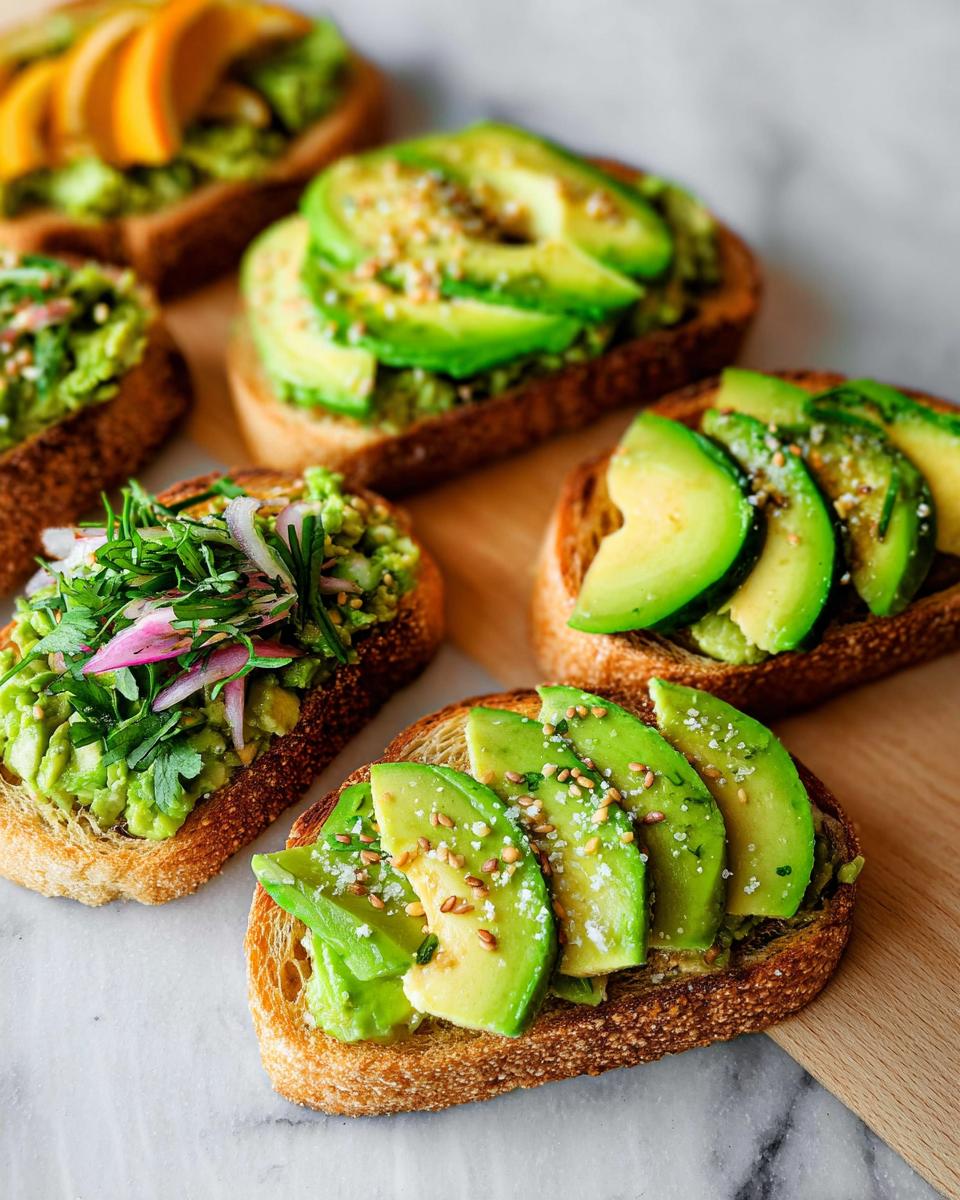 Assortment of delicious avocado toast on toasted bread, topped with sliced avocado, herbs, and sesame seeds.