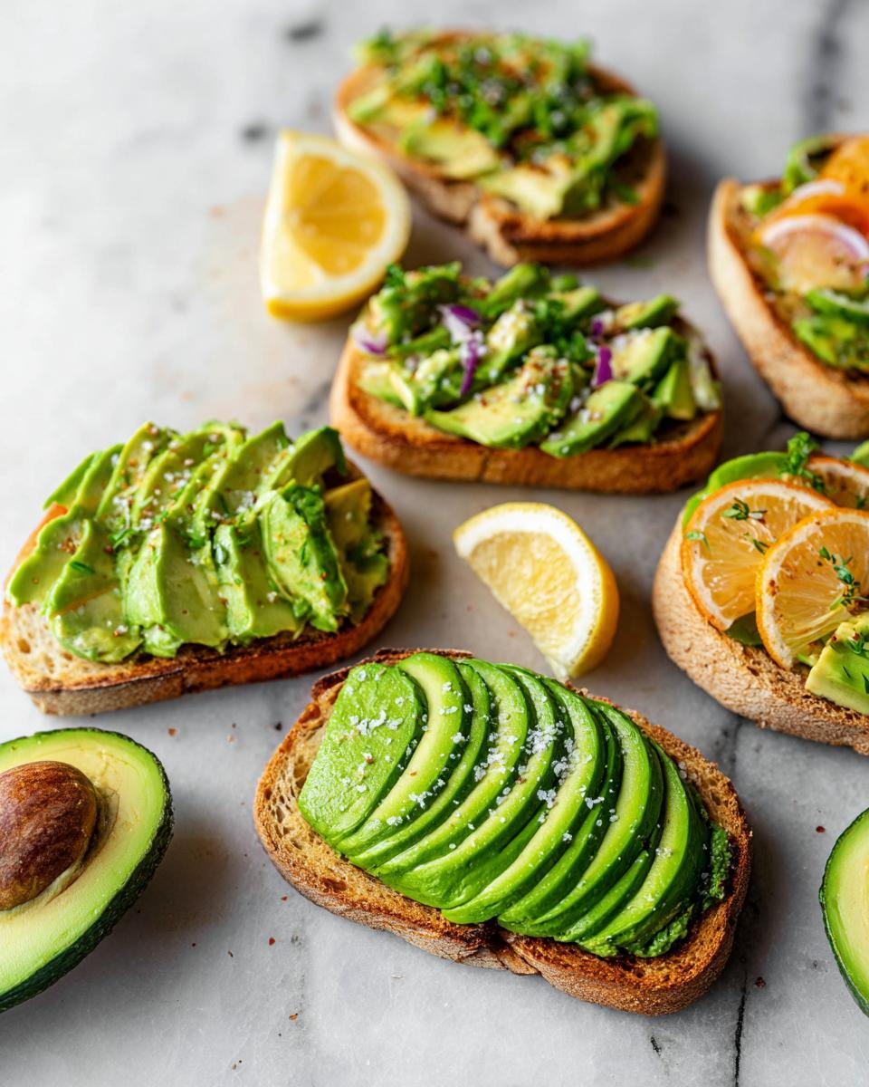Assortment of delicious avocado toast variations, some topped with sliced avocado, lemon, and herbs.