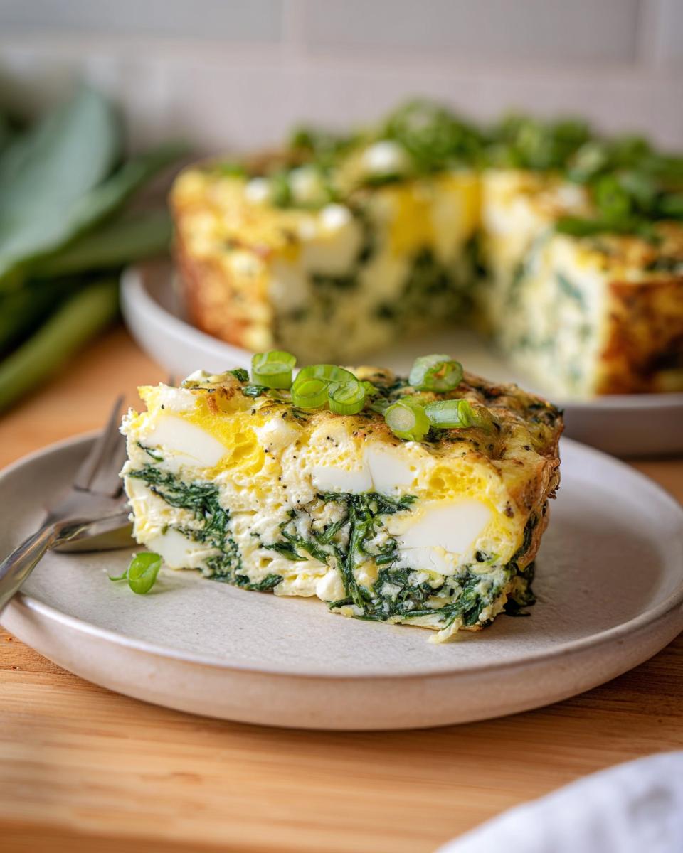 A slice of Baked Cottage Cheese Eggs with spinach and green onions, showcasing layers of eggs and greens.