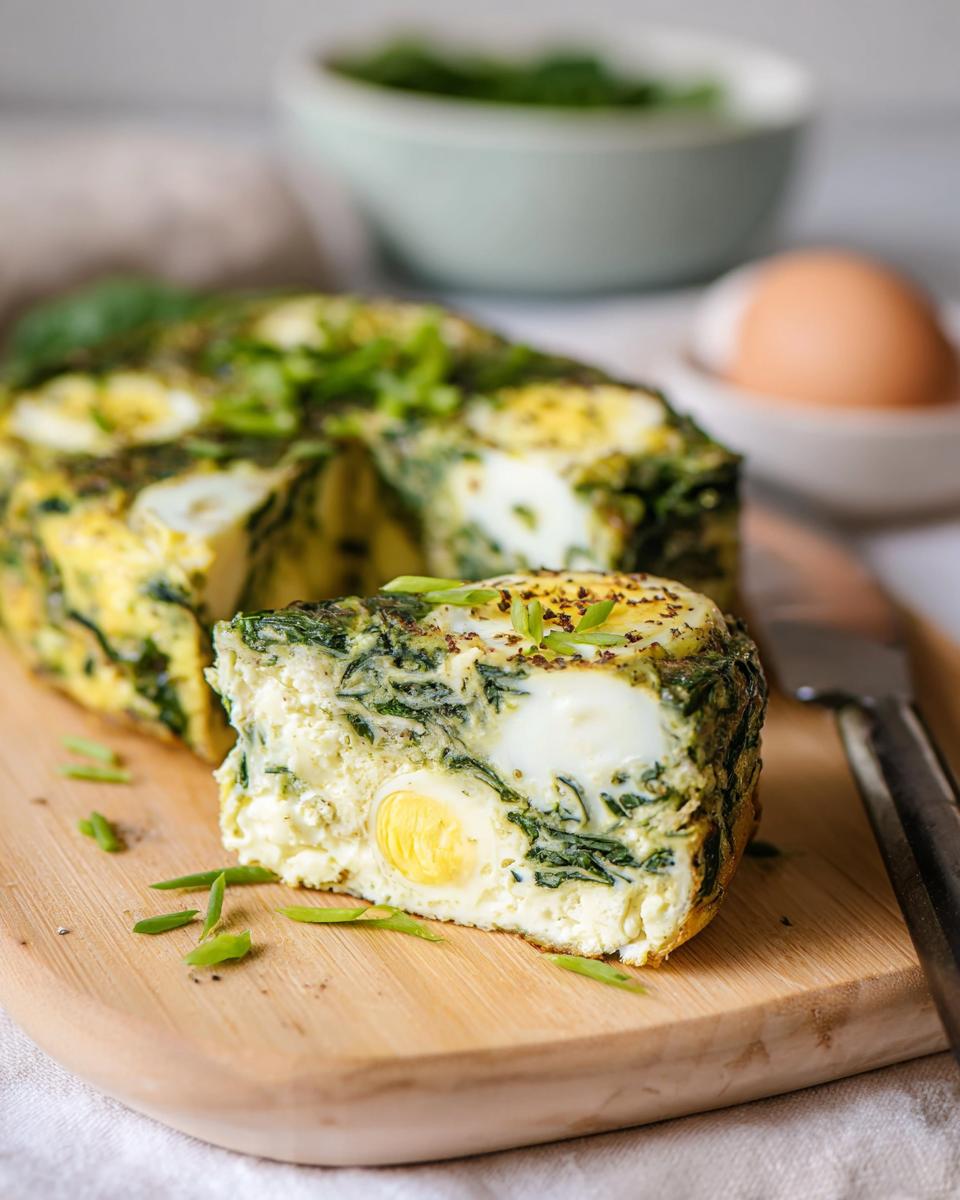 A slice of Baked Cottage Cheese Eggs with spinach and whole eggs inside, garnished with chives.