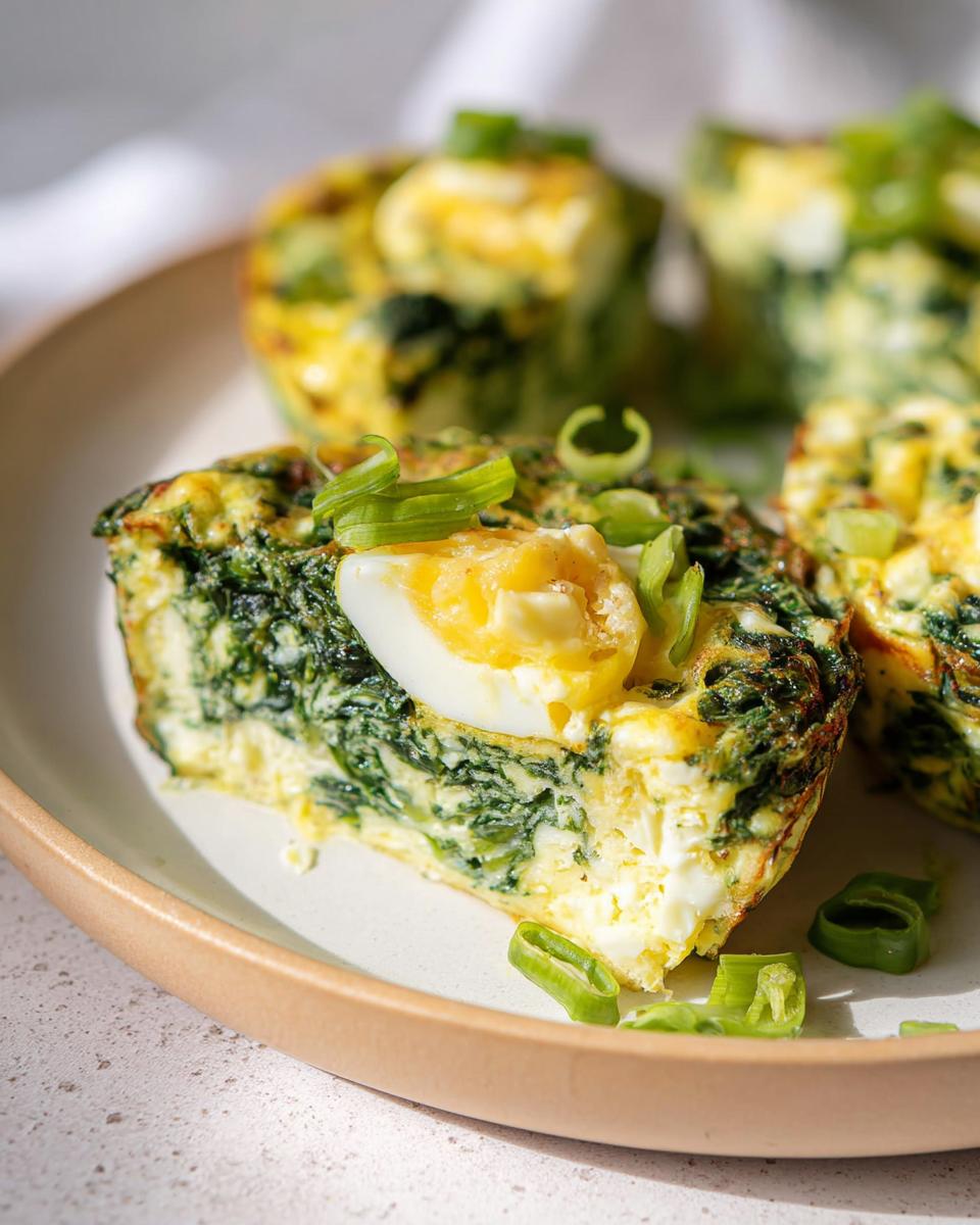 A slice of Baked Cottage Cheese Eggs with spinach and a hard-boiled egg, garnished with green onions.