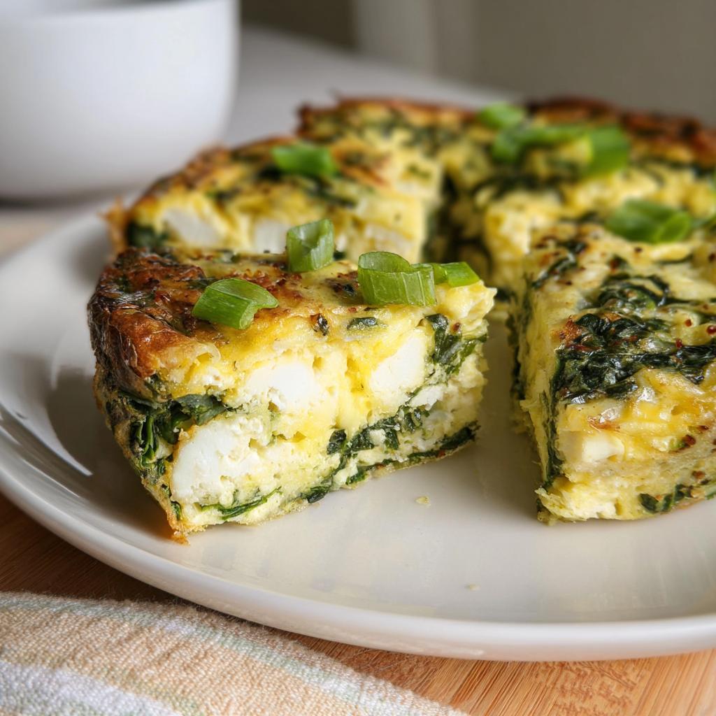 A slice of baked cottage cheese eggs with spinach, topped with green onions, showcasing a fluffy interior.