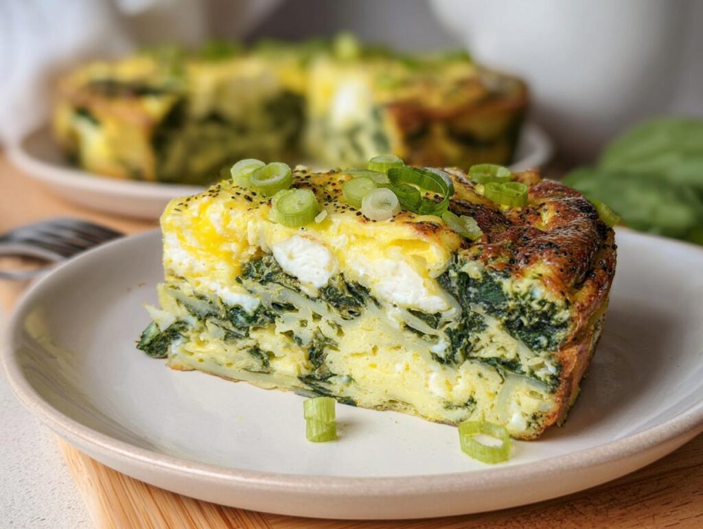 A slice of Baked Cottage Cheese Eggs with spinach and scallions, showcasing layers of fluffy eggs and greens.