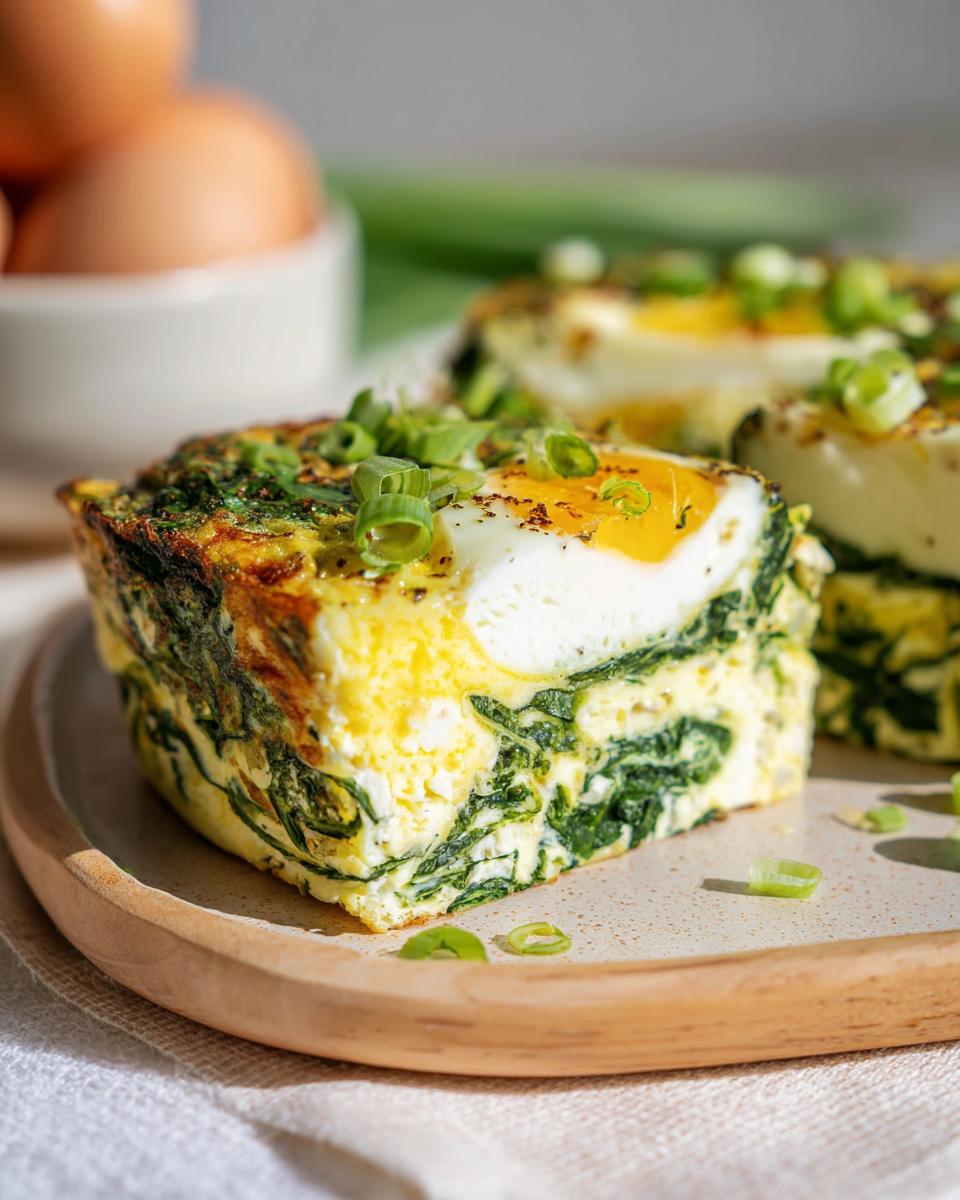 A slice of baked cottage cheese eggs with spinach, topped with a fried egg and green onions.