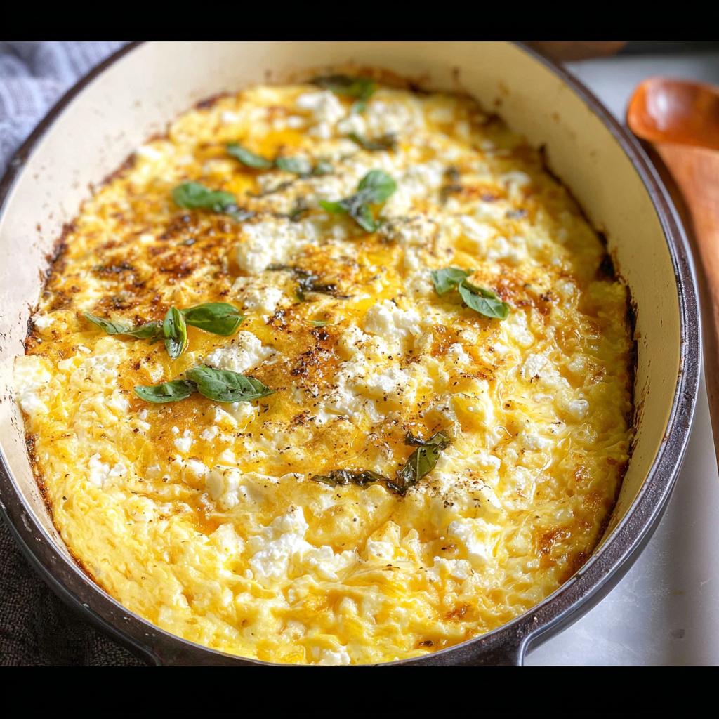 A close-up of freshly baked feta eggs in an oval casserole dish, garnished with fresh basil leaves.